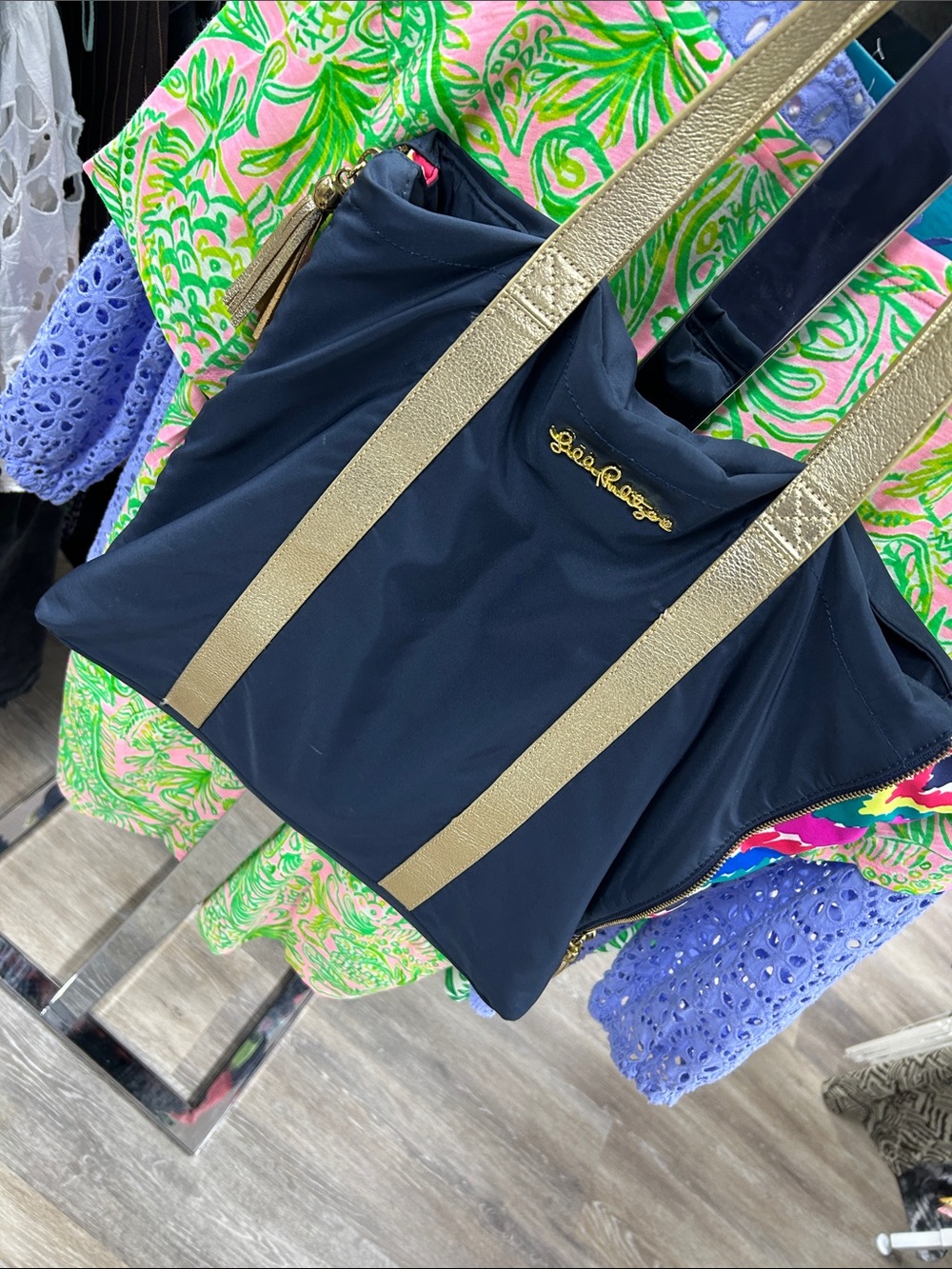 Lilly Pulitzer Navy Tote with Gold Straps